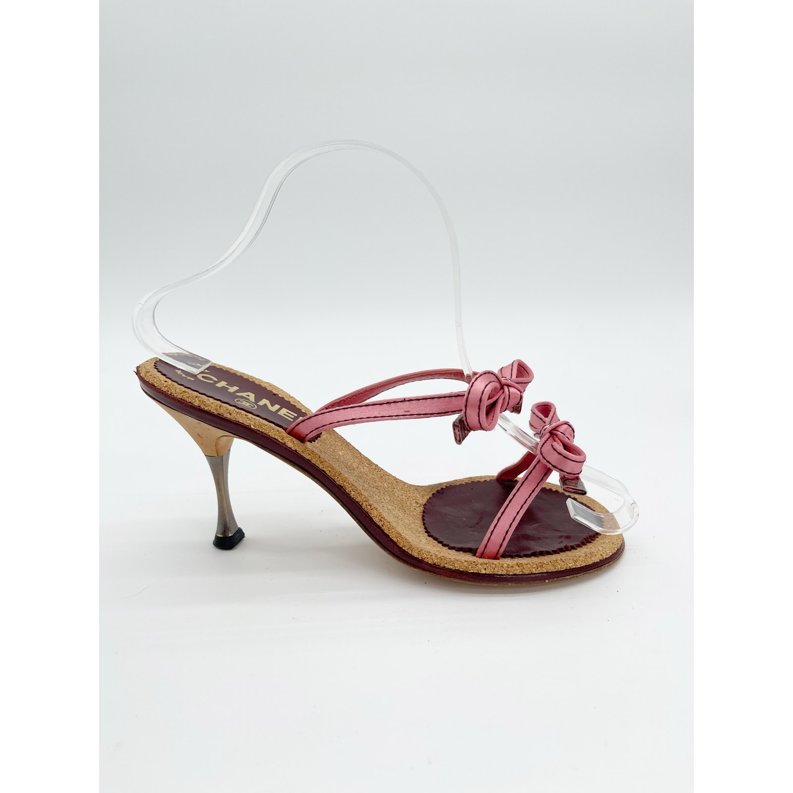 Chanel Vintage Pink Double Strap Satin Bow Cork Sole Slide Sandal Heels Eu 37.5 — image 3 of 8